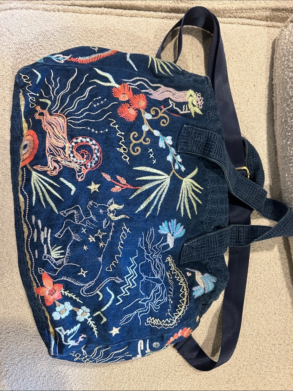 Johnny Was Navy Embroidered Travel Tote with Multicolor Floral & Zodiac Motifs